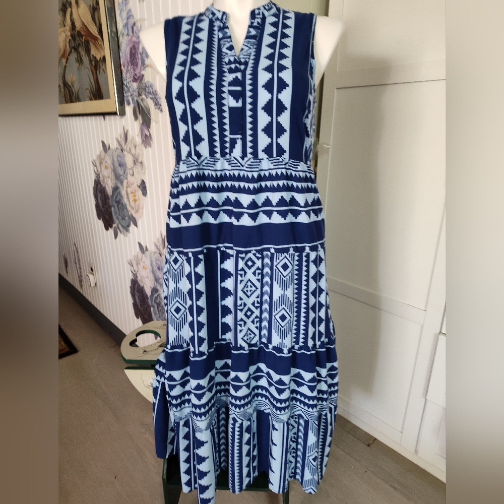 Mlle Gabriel Fit N Flare GeoPrint Tiered Midi Navy White Sz XL 10-12 Excel Cond